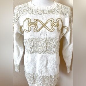 White sweater crew neck cable knit sweater white gold metallic vintage sweater